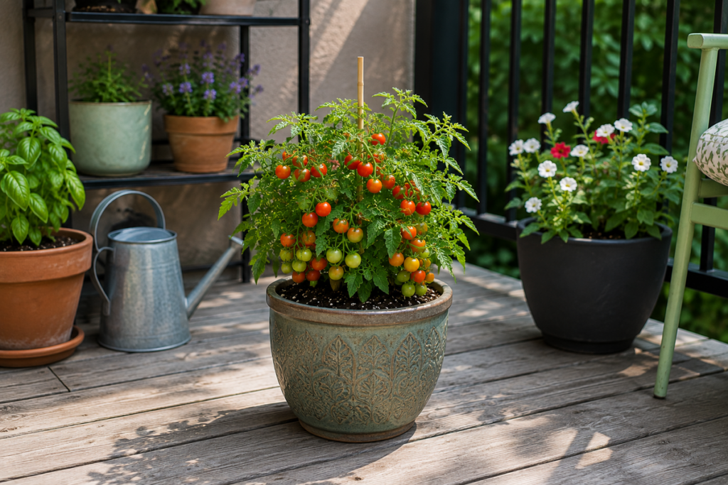 Compact Micro Dwarf tomato plant growing in a decorative container on a sunny patio