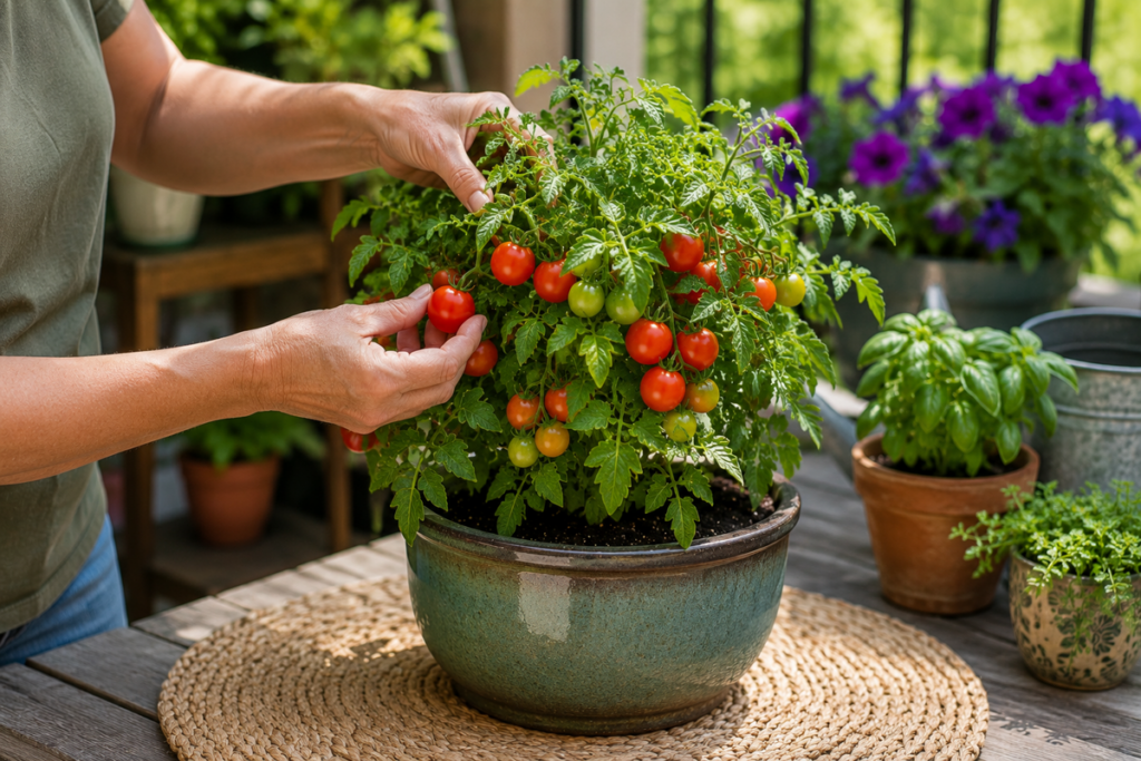 Person harvesting a ripe tomato from a compact Micro Dwarf tomato plant growing in a container