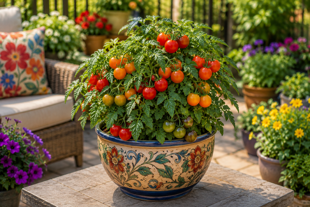 Colorful Micro Dwarf tomato plant loaded with ripe and ripening tomatoes in a decorative patio container