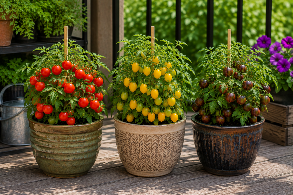 Three Micro Dwarf tomato plants with red, golden yellow, and dark striped tomatoes growing in containers