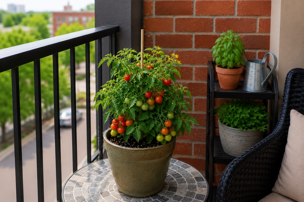 Micro Dwarf tomato plant growing in a container on a small apartment balcony