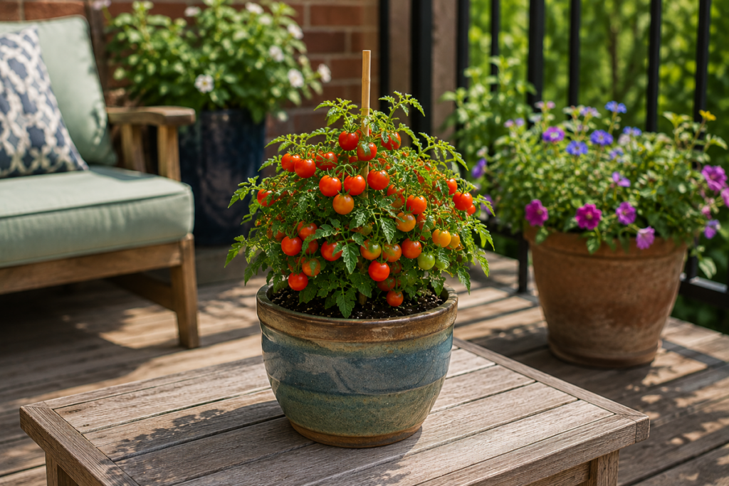 Productive Micro Dwarf tomato plant loaded with ripe and ripening tomatoes in a container