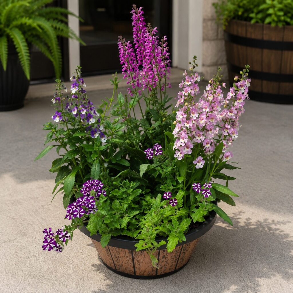 Pollinator Paradise Designer Garden featuring flowering annuals selected to attract butterflies, bees, and hummingbirds in a decorative patio container.