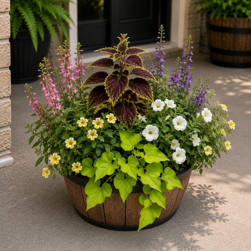 Porch Color Collection designer garden featuring colorful coleus, flowering annuals, and cascading sweet potato vine in a decorative patio container.